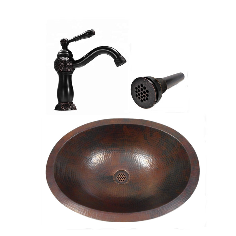 SimplyCopper 19" Oval Copper Bathroom Sink With 9" Orb Faucet & Grid